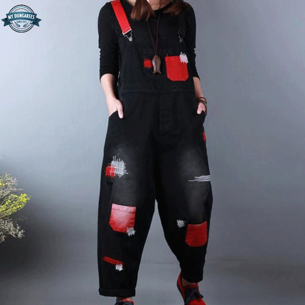 Patchwork Ohm Mandala Baggy Dungarees Blue/Green