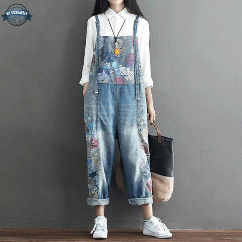 Dungaree Shorts with Flower Embroidery